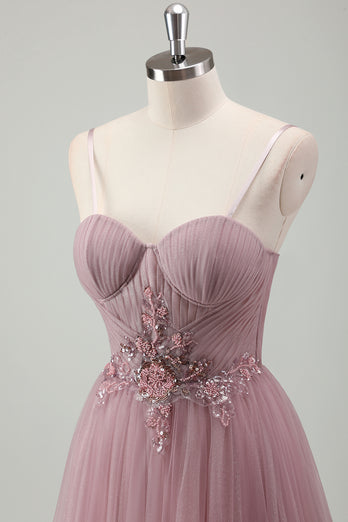 Glitzer Graues Lila A Linie Korsett Spaghettiträger Langes Abendkleid