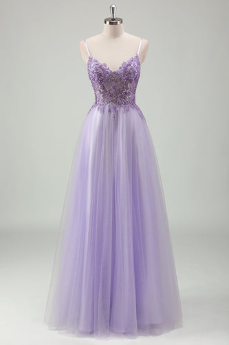 Funkelnds Lila A Linie Korsett Spaghettiträger Langes Abendkleid mit Spitze