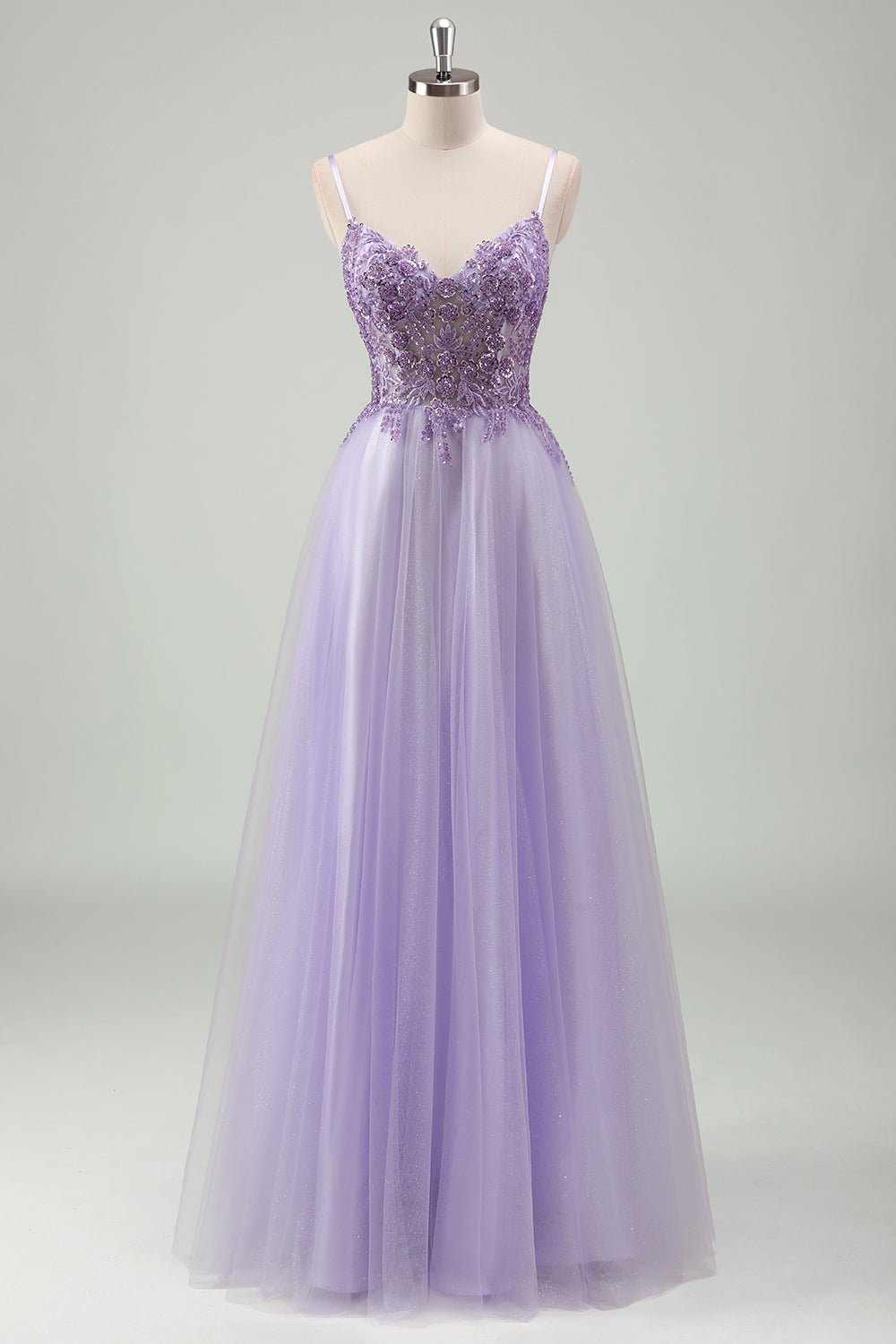 Funkelnds Lila A Linie Korsett Spaghettiträger Langes Abendkleid mit Spitze