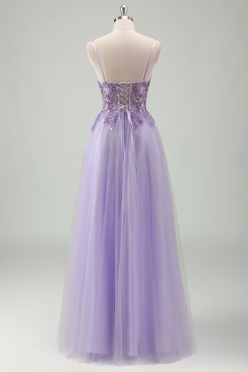 Funkelnds Lila A Linie Korsett Spaghettiträger Langes Abendkleid mit Spitze