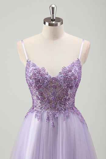 Funkelnds Lila A Linie Korsett Spaghettiträger Langes Abendkleid mit Spitze