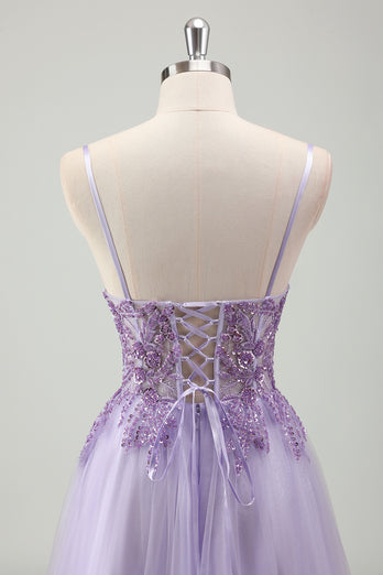 Funkelnds Lila A Linie Korsett Spaghettiträger Langes Abendkleid mit Spitze