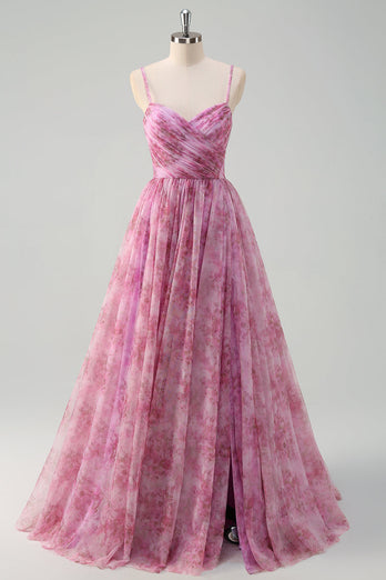 Rosalila A Linie Blumen Spaghettiträger Langes Ballkleid mit Schlitz