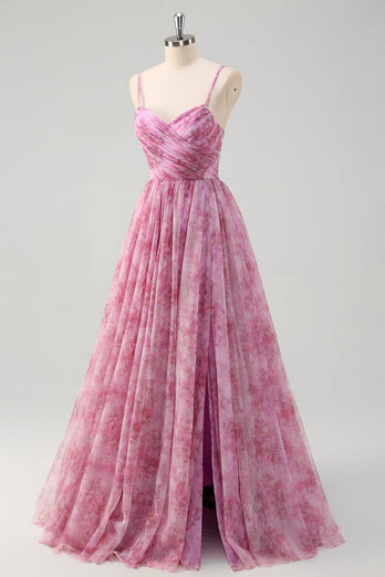 Rosalila A Linie Blumen Spaghettiträger Langes Ballkleid mit Schlitz