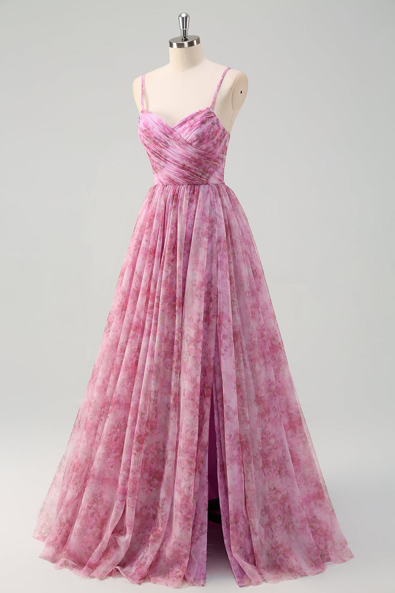 Laden Sie das Bild in den Galerie-Viewer, Rosalila A Linie Blumen Spaghettiträger Langes Ballkleid mit Schlitz