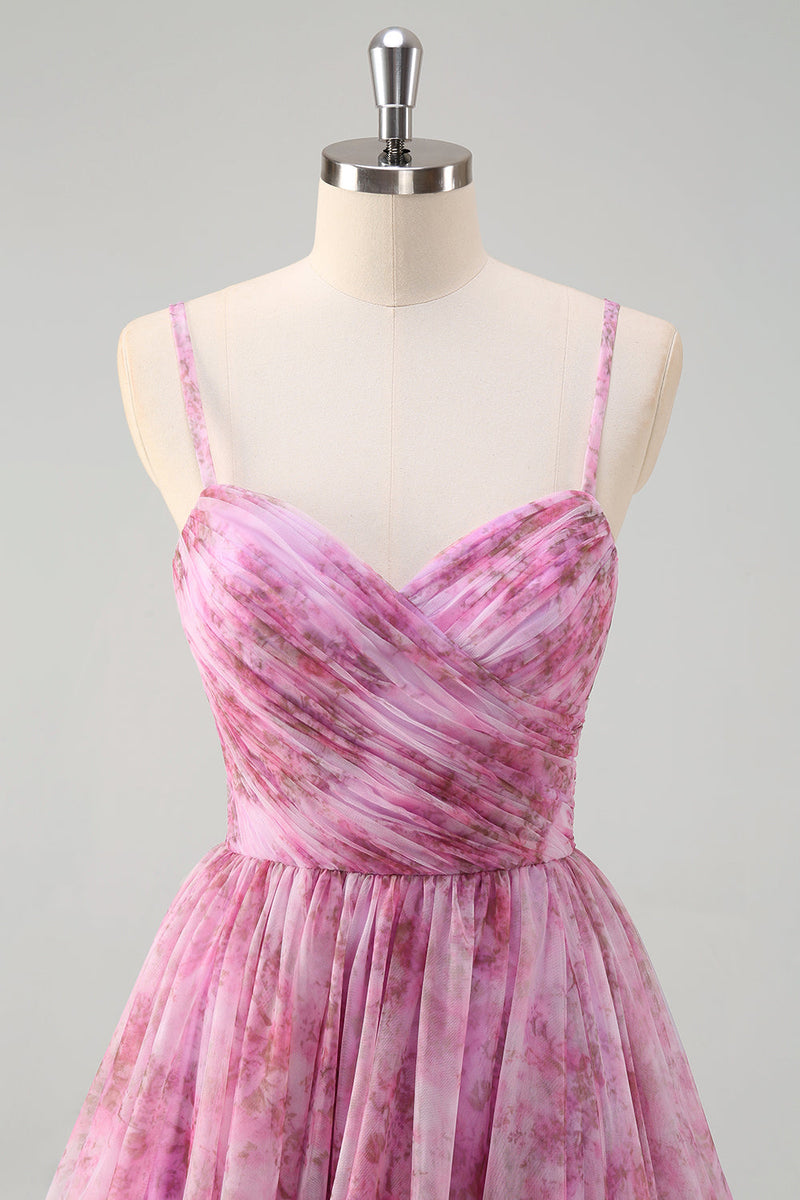 Laden Sie das Bild in den Galerie-Viewer, Rosalila A Linie Blumen Spaghettiträger Langes Ballkleid mit Schlitz
