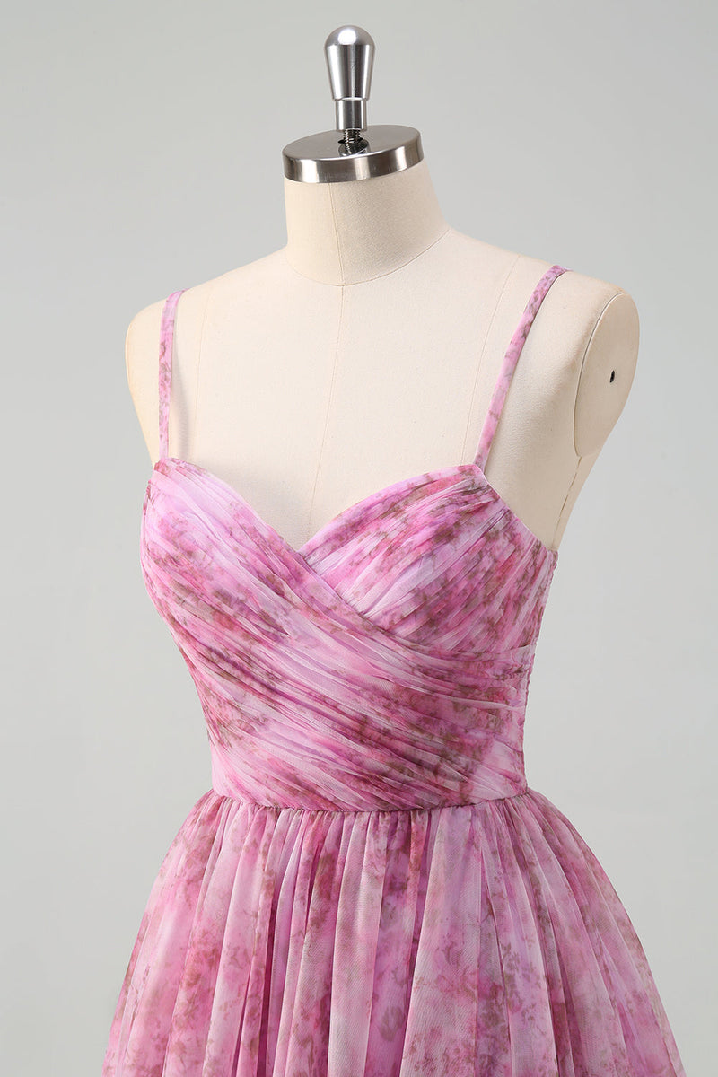 Laden Sie das Bild in den Galerie-Viewer, Rosalila A Linie Blumen Spaghettiträger Langes Ballkleid mit Schlitz