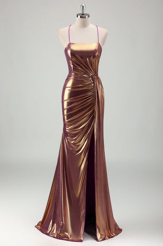 Metallische Gold Spaghettiträger Langes Abendkleid mit Schlitz