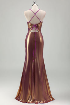 Metallische Gold Spaghettiträger Langes Abendkleid mit Schlitz
