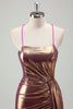 Laden Sie das Bild in den Galerie-Viewer, Metallische Gold Spaghettiträger Langes Abendkleid mit Schlitz