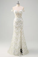 Laden Sie das Bild in den Galerie-Viewer, Hellgrün Blumen Korsett Besticktes Langes Abendkleid mit Schlitz