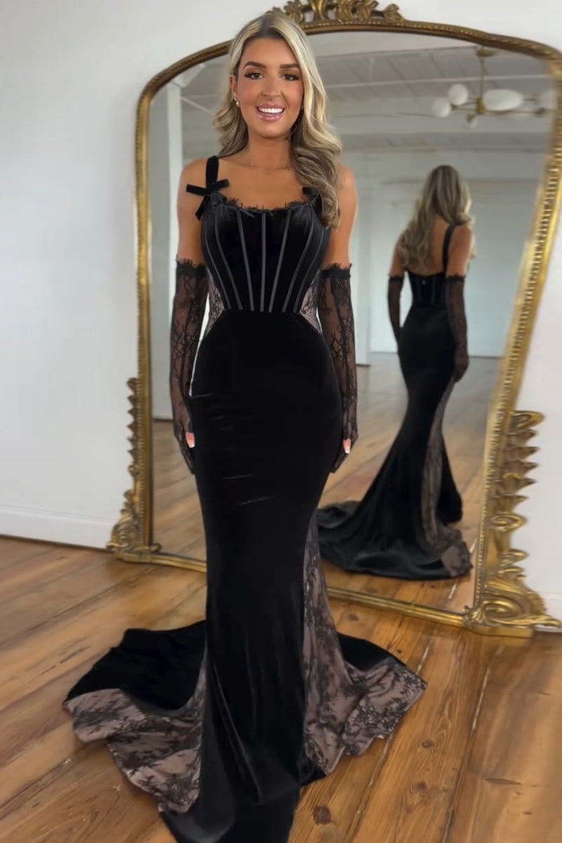 Laden Sie das Bild in den Galerie-Viewer, Schwarze Meerjungfrau Korsett Samt Lange Abendkleid (Handschuhe sind nicht enthalten)