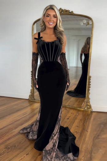 Schwarze Meerjungfrau Korsett Samt Lange Abendkleid (Handschuhe sind nicht enthalten)
