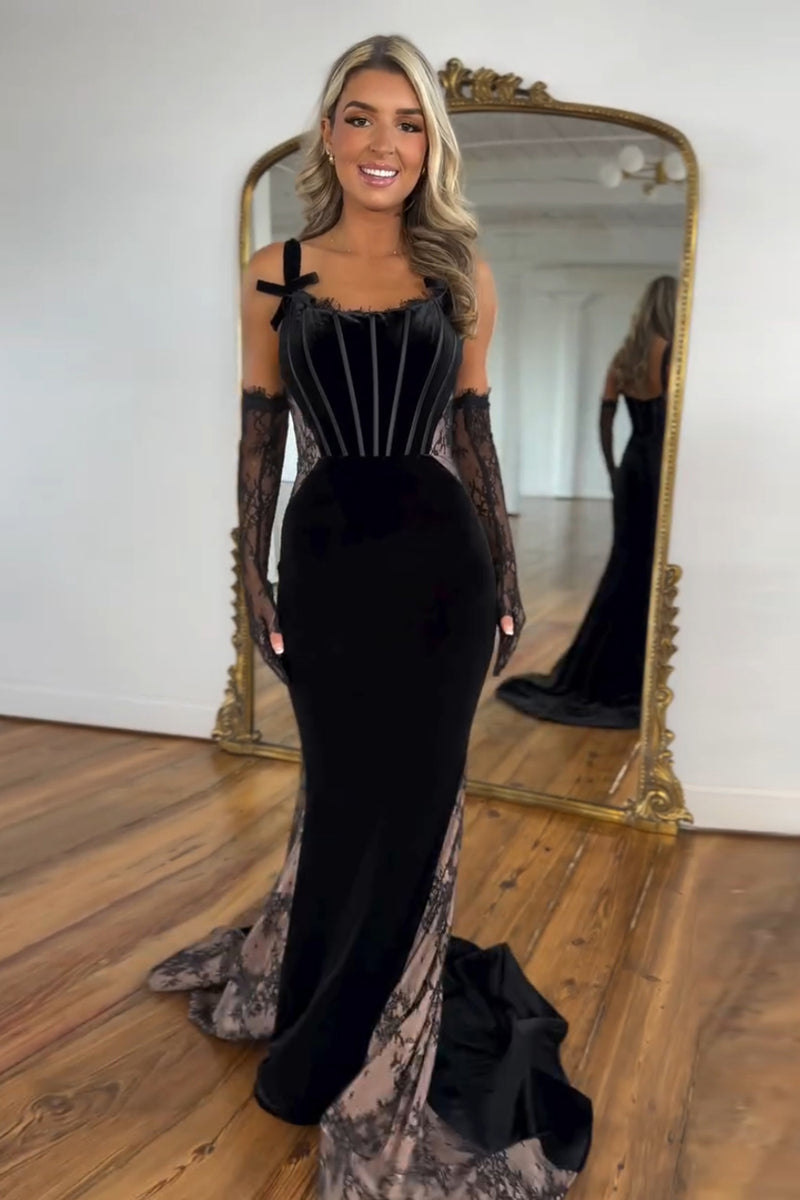 Laden Sie das Bild in den Galerie-Viewer, Schwarze Meerjungfrau Korsett Samt Lange Abendkleid (Handschuhe sind nicht enthalten)