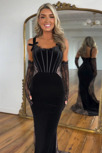 Schwarze Meerjungfrau Korsett Samt Lange Abendkleid (Handschuhe sind nicht enthalten)