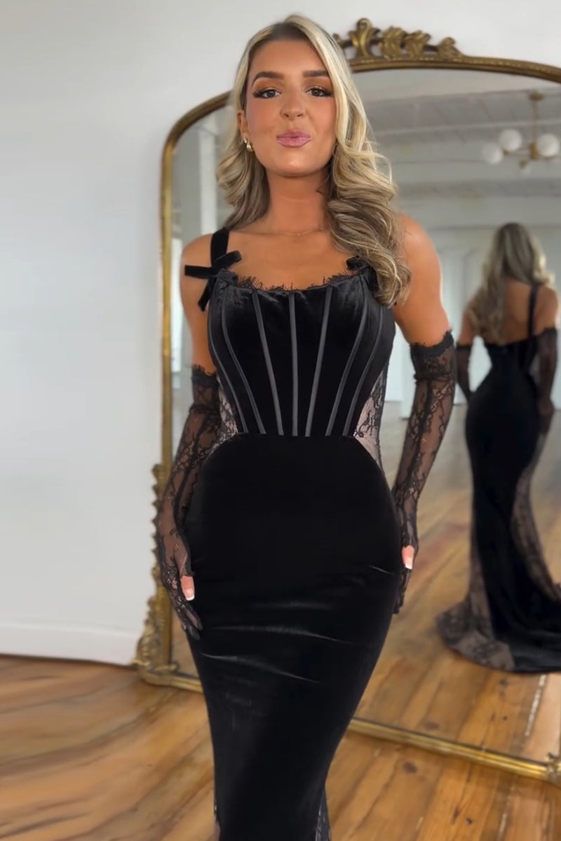 Laden Sie das Bild in den Galerie-Viewer, Schwarze Meerjungfrau Korsett Samt Lange Abendkleid (Handschuhe sind nicht enthalten)