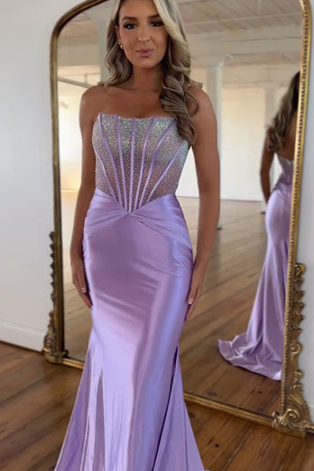 Glitzerndes Lila Meerjungfrau Trägerloses Korsett Langes Abendkleid