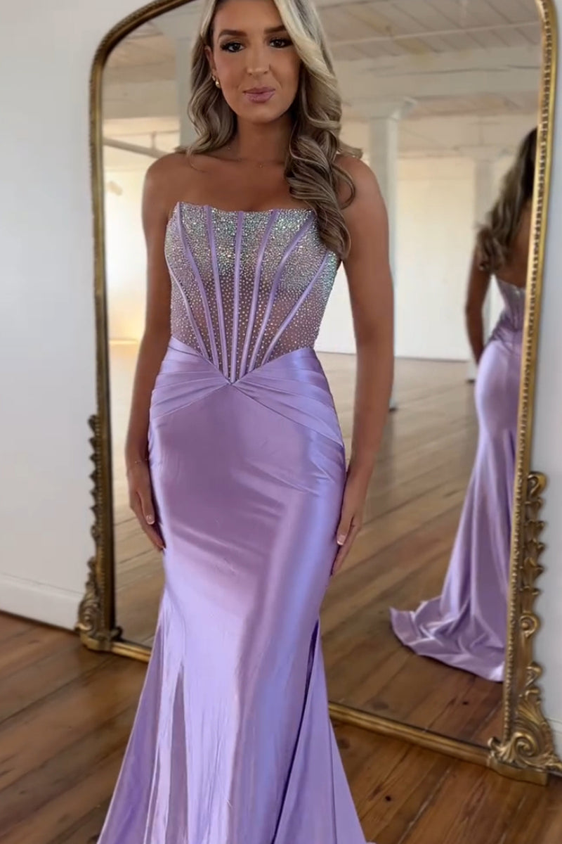 Laden Sie das Bild in den Galerie-Viewer, Glitzerndes Lila Meerjungfrau Trägerloses Korsett Langes Abendkleid