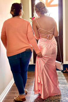 Rosa Meerjungfrau Satin Langes Abendkleid mit Schnürsenkeln