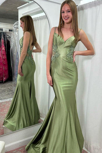 Glitzer Salbei Meerjungfrau Langes Abendkleid mit Applikationen