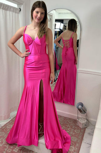 Rosa Korsett Schnürung Hinten Langes Abendkleid mit Schlitz