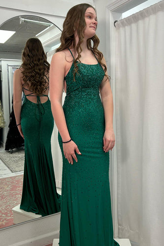 Glitzer Dunkelgrüne Spaghettiträger Langes Abendkleid mit Schnürung Hinten