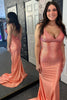 Laden Sie das Bild in den Galerie-Viewer, Glitzer Orange Rückenfreie Meerjungfrau Langes Abendkleid mit Perlen