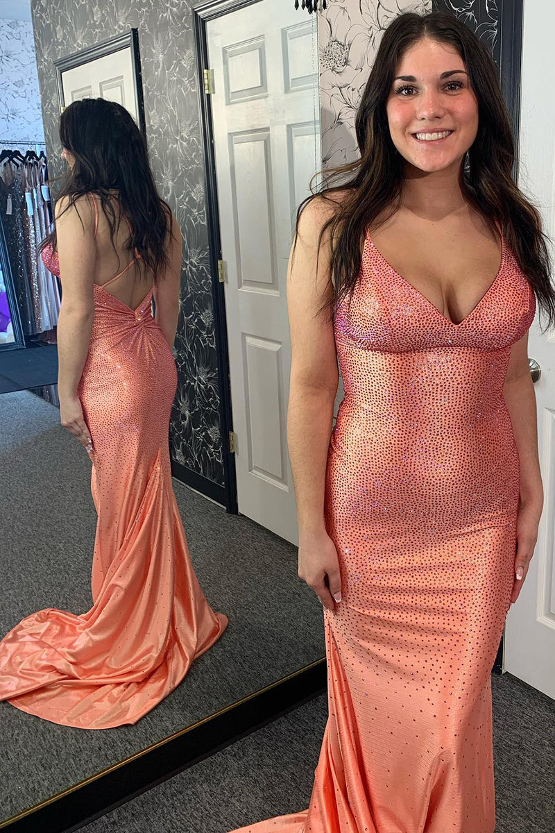 Laden Sie das Bild in den Galerie-Viewer, Glitzer Orange Rückenfreie Meerjungfrau Langes Abendkleid mit Perlen
