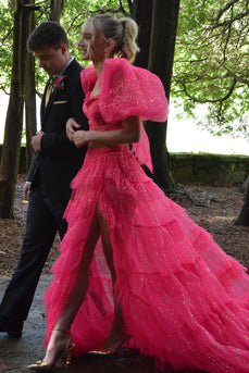 Glitzer Rosa Puffärmel 2 Stück Langes Abendkleid mit Schlitz