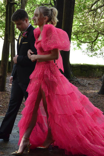 Glitzer Rosa Puffärmel 2 Stück Langes Abendkleid mit Schlitz