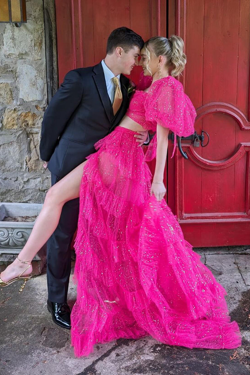 Laden Sie das Bild in den Galerie-Viewer, Glitzer Rosa Puffärmel 2 Stück Langes Abendkleid mit Schlitz