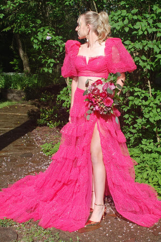 Glitzer Rosa Puffärmel 2 Stück Langes Abendkleid mit Schlitz