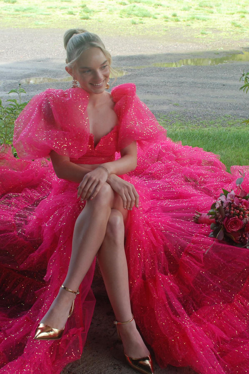 Laden Sie das Bild in den Galerie-Viewer, Glitzer Rosa Puffärmel 2 Stück Langes Abendkleid mit Schlitz