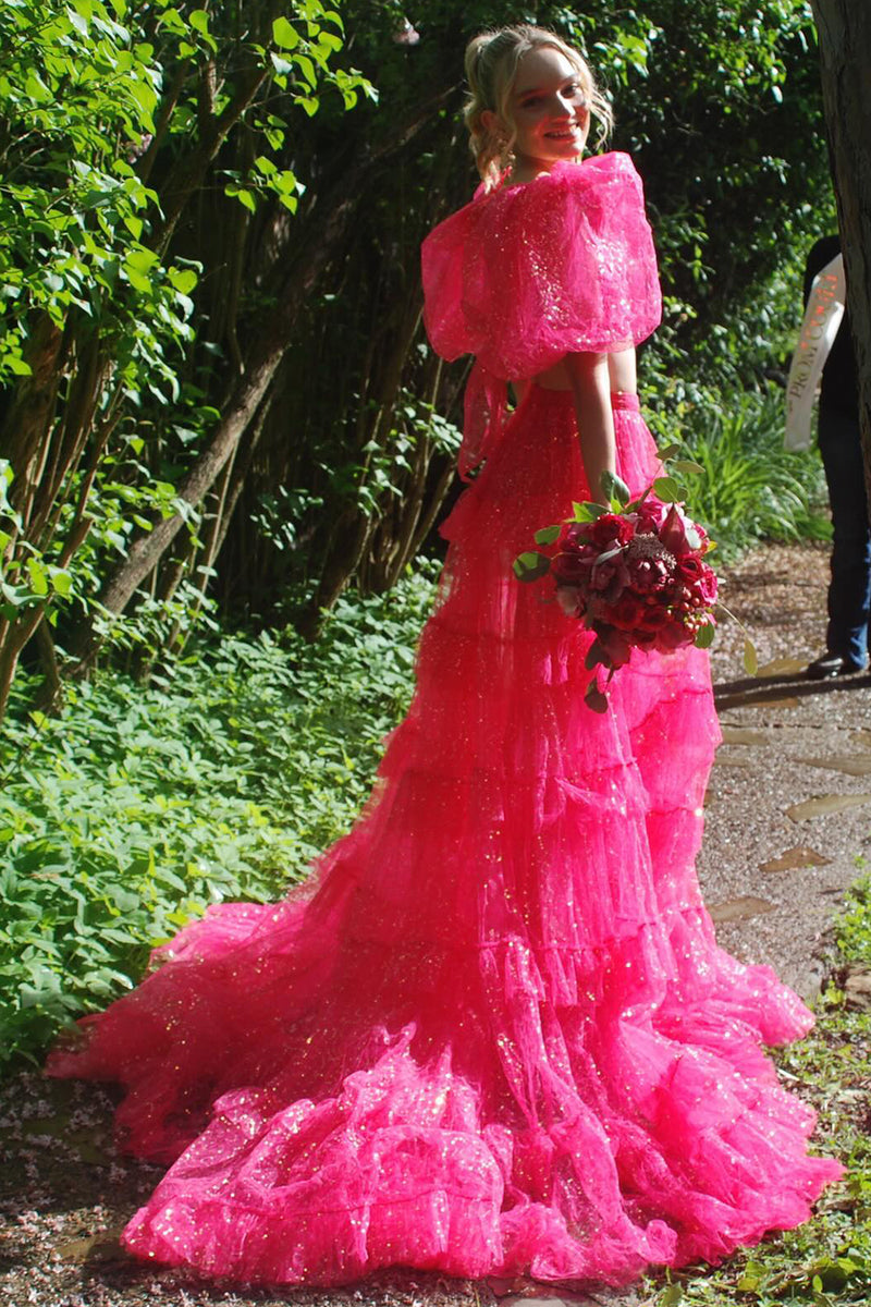 Laden Sie das Bild in den Galerie-Viewer, Glitzer Rosa Puffärmel 2 Stück Langes Abendkleid mit Schlitz