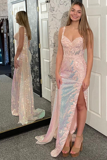 Glitzer Hellrosa Korsett Meerjungfrau Langes Abendkleid mit Applikationen