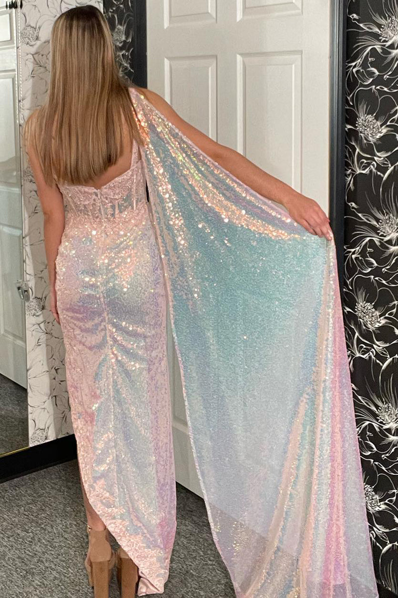 Laden Sie das Bild in den Galerie-Viewer, Glitzer Hellrosa Korsett Meerjungfrau Langes Abendkleid mit Applikationen