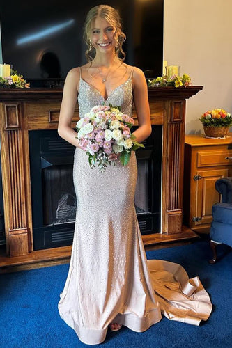 Glitzer Champagner Perlen Langes Abendkleid mit Schnürung Hinten