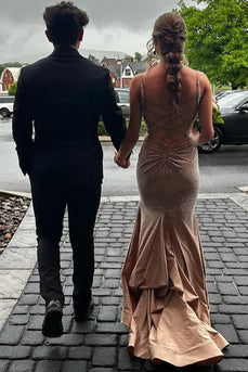 Glitzer Champagner Perlen Langes Abendkleid mit Schnürung Hinten