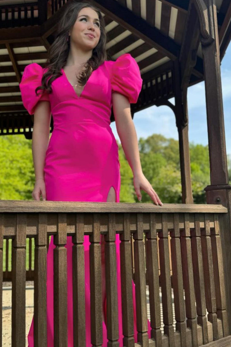 Laden Sie das Bild in den Galerie-Viewer, Prinzessin Rosa Puffärmel V-Ausschnitt Langes Abendkleid