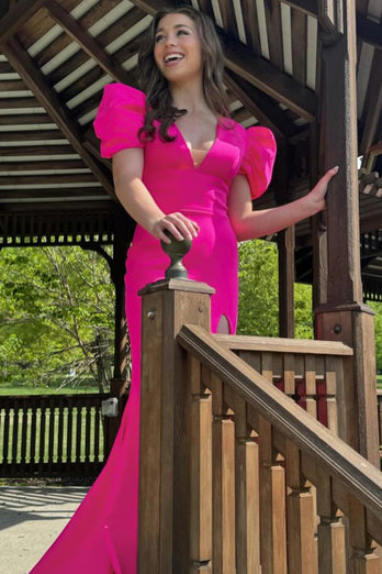 Prinzessin Rosa Puffärmel V-Ausschnitt Langes Abendkleid
