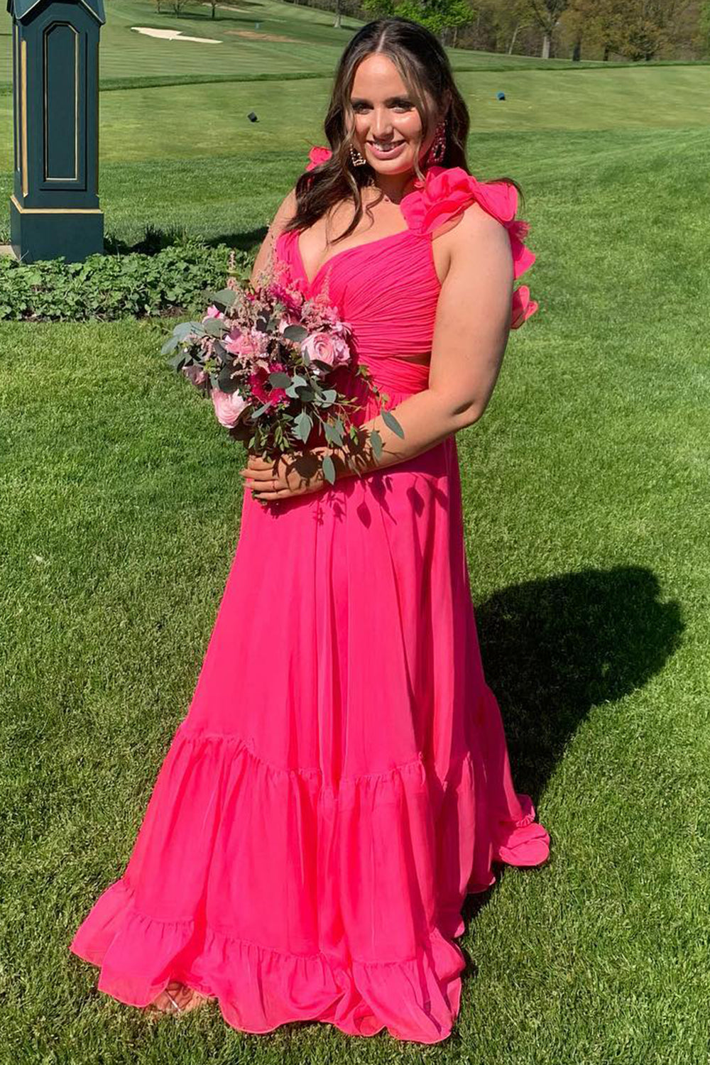 Rosa Tüll Gerafft Langes Abendkleid mit Schnürung Hinten