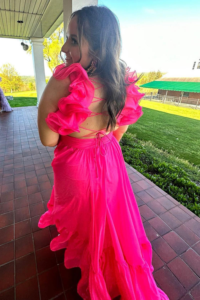 Laden Sie das Bild in den Galerie-Viewer, Rosa Tüll Gerafft Langes Abendkleid mit Schnürung Hinten
