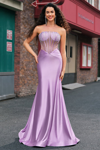 Glitzer Lila Meerjungfrau Langes Ballkleid mit Perlen