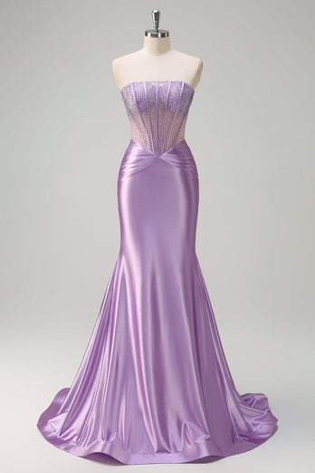 Glitzer Lila Meerjungfrau Langes Ballkleid mit Perlen