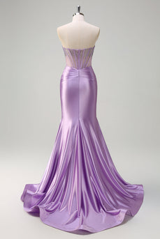 Glitzer Lila Meerjungfrau Langes Ballkleid mit Perlen