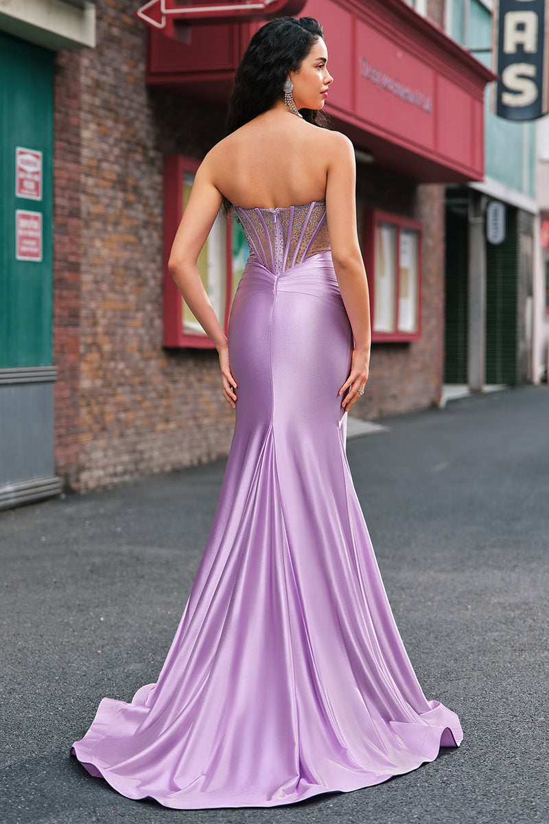 Laden Sie das Bild in den Galerie-Viewer, Glitzer Lila Meerjungfrau Langes Ballkleid mit Perlen