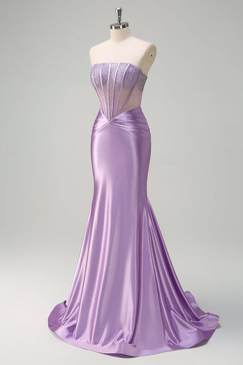 Glitzer Lila Meerjungfrau Langes Ballkleid mit Perlen
