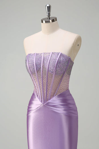 Glitzer Lila Meerjungfrau Langes Ballkleid mit Perlen