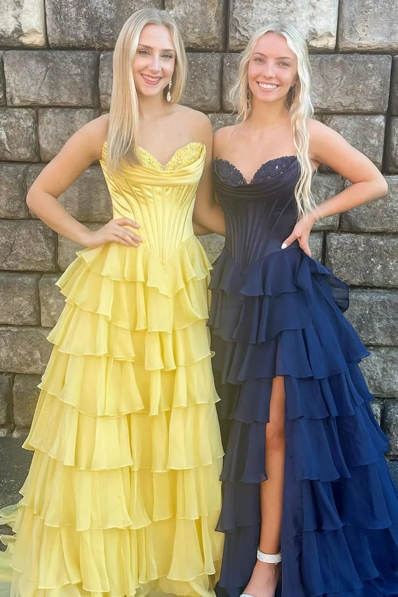 Laden Sie das Bild in den Galerie-Viewer, Meerjungfrau Blaue Trägerlos Korsett Gestufte Lange Abendkleid