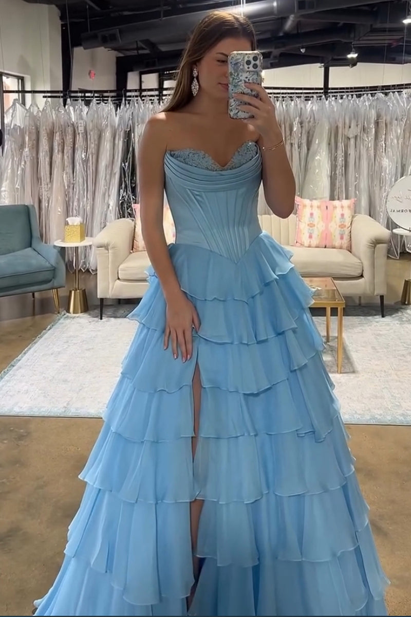 Laden Sie das Bild in den Galerie-Viewer, Meerjungfrau Blaue Trägerlos Korsett Gestufte Lange Abendkleid